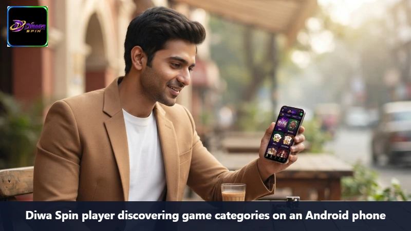 Diwa Spin player discovering game categories on an Android phone